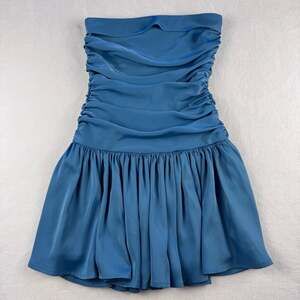 Lucy in the Sky Strapless Ruched Bubble Hem Mini Dress in Blue XS